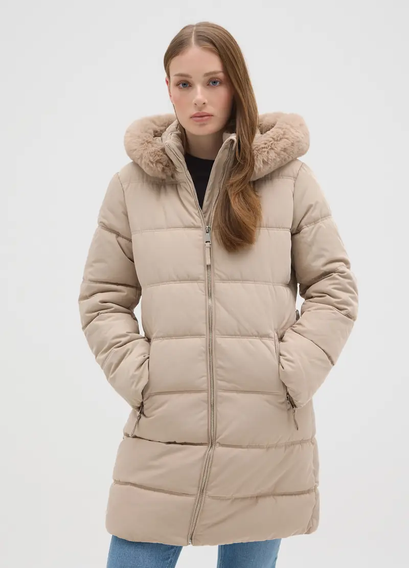 Giacca Lunga Imbottita Nera Regular Fit Con Cappuccio E Zip, Donna, Beige miniatura 2