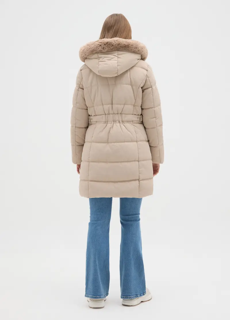 Giacca Lunga Imbottita Nera Regular Fit Con Cappuccio E Zip, Donna, Beige miniatura 3