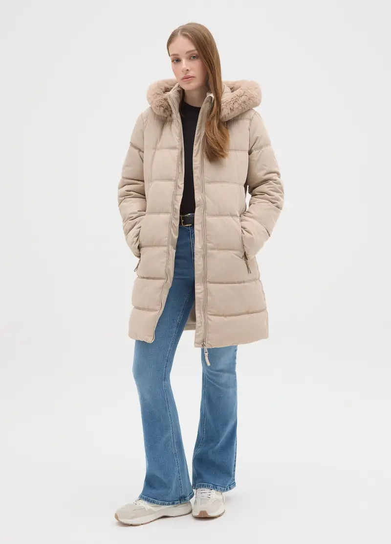 Giacca Lunga Imbottita Nera Regular Fit Con Cappuccio E Zip, Donna, Beige