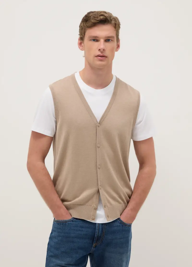 Gilet Beige Deep V In Misto Cotone Regular Fit Con Bottoni, Uomo, Beige