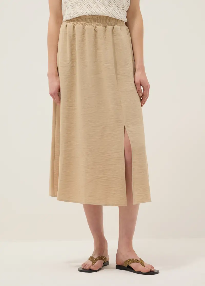 Gonna Lunga Beige Regular Fit Con Vita Elasticizzata E Spacco, Donna, Beige miniatura 2