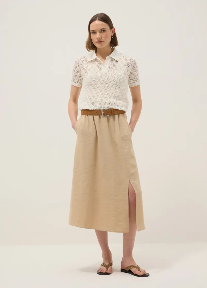 Gonna Lunga Beige Regular Fit Con Vita Elasticizzata E Spacco, Donna, Beige