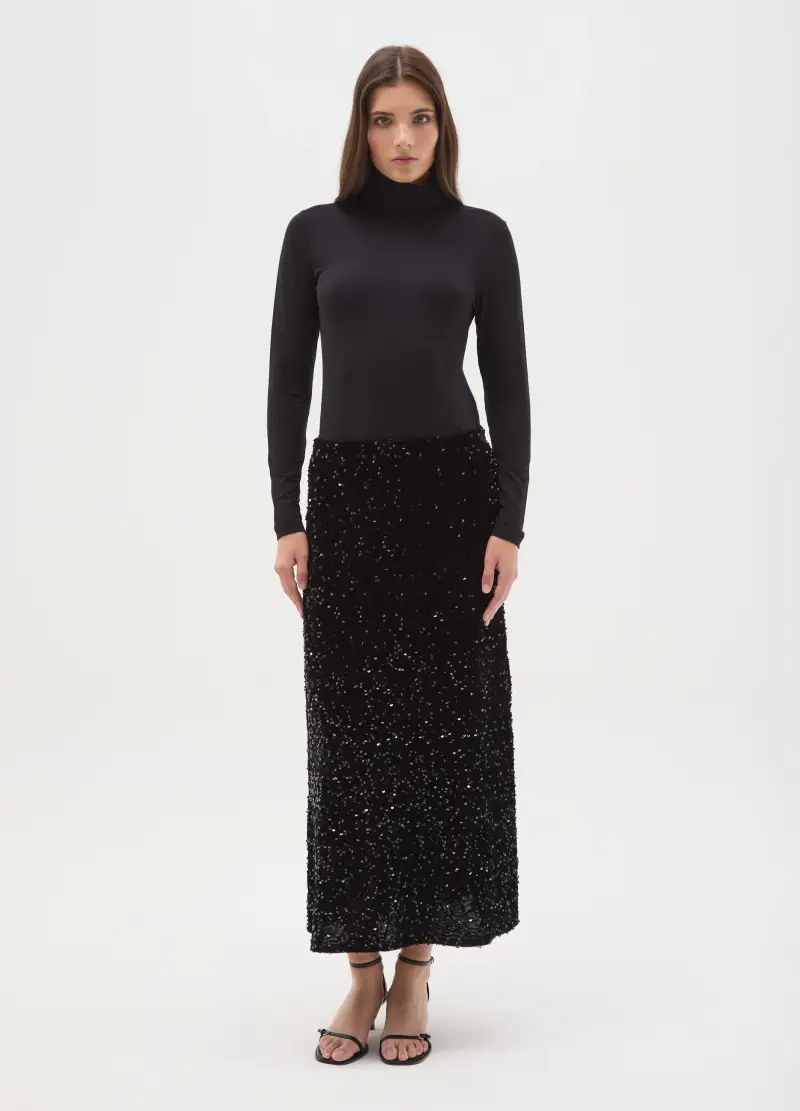 Gonna Lunga Nera Regular Fit Con Paillettes, Donna, Nero