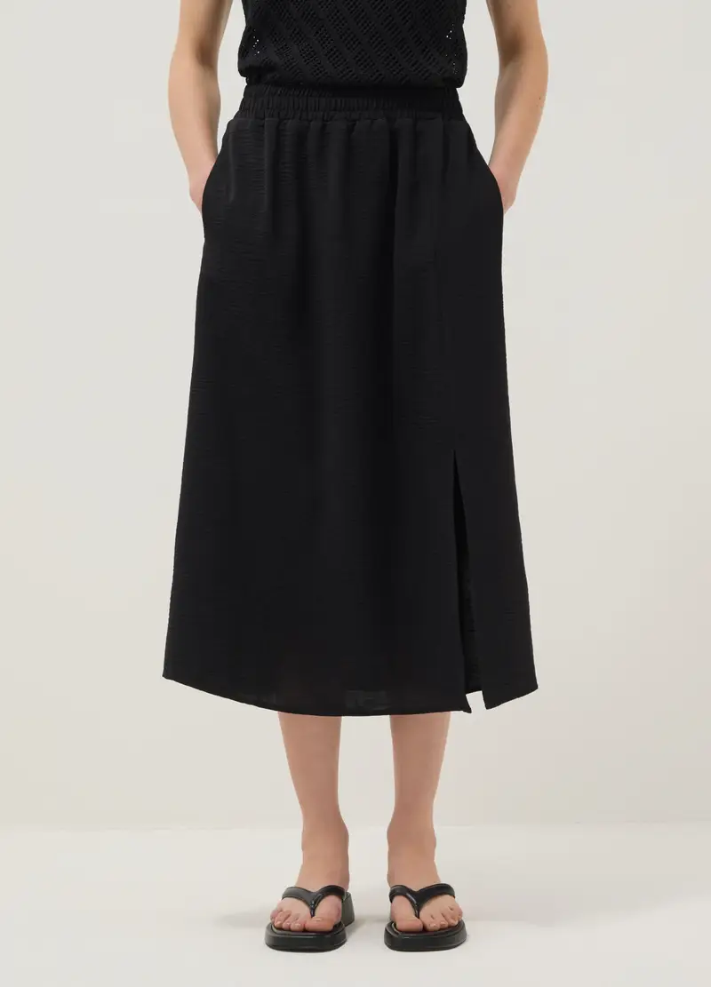 Gonna Lunga Nera Regular Fit Con Vita Elasticizzata E Spacco, Donna, Nero miniatura 2