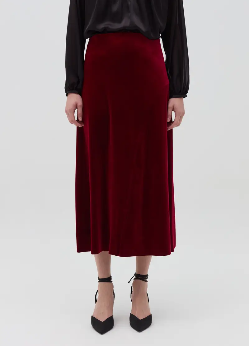 Gonna Midi A Ruota In Velluto, Donna, Rosso miniatura 2