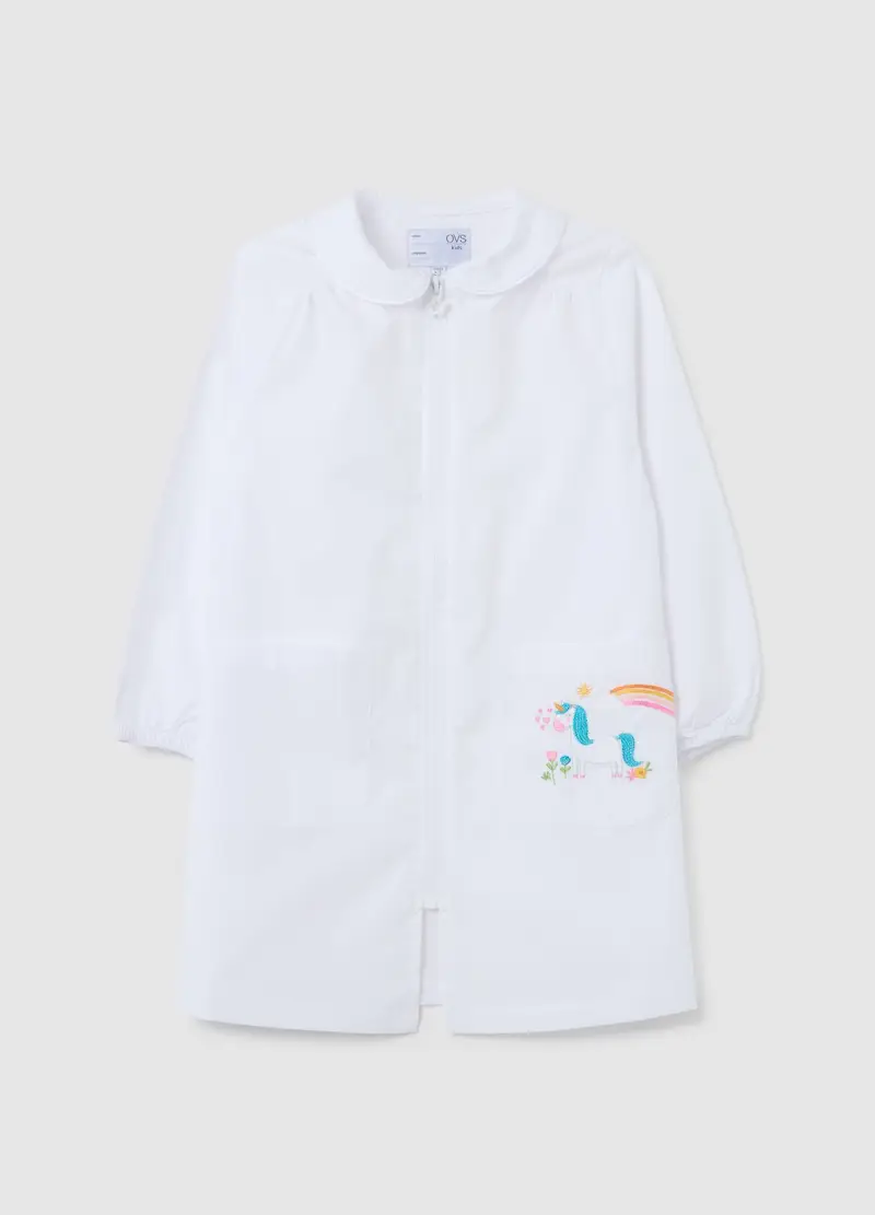 OVS, Grembiule Scolastico Da Bambina In Misto Cotone Bianco Con Ricamo Unicorno, Bianco, Taglia: 4-5