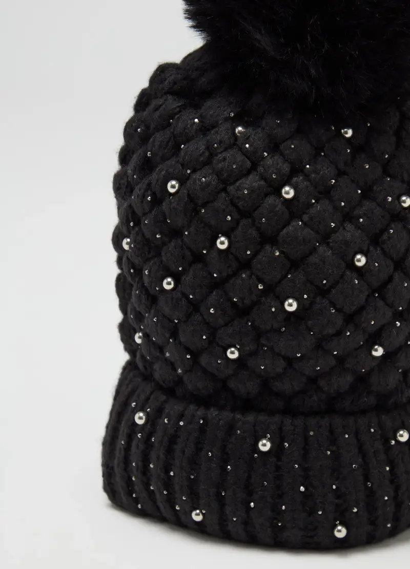 OVS, Berretto A Rombi Con Perline E Pon Pon, Donna, Nero miniatura 3