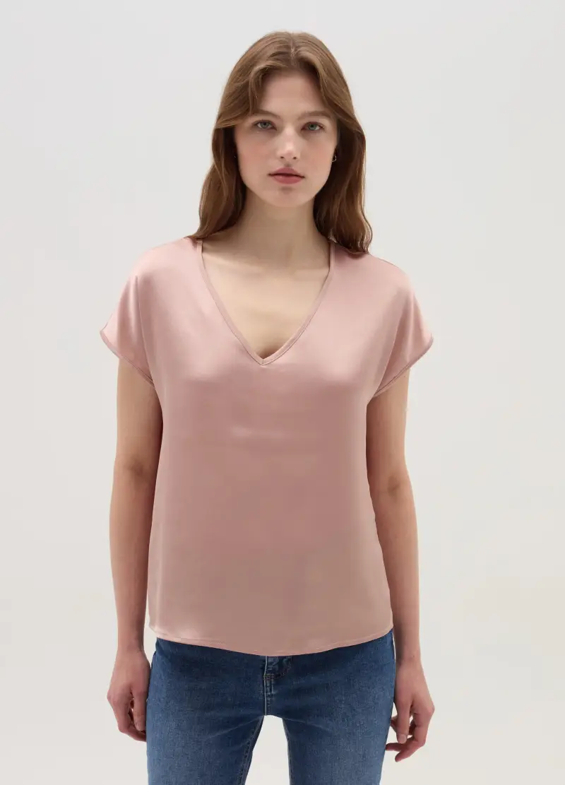 OVS, Blusa In Satin Con Scollo A V, Donna, Rosa miniatura 3