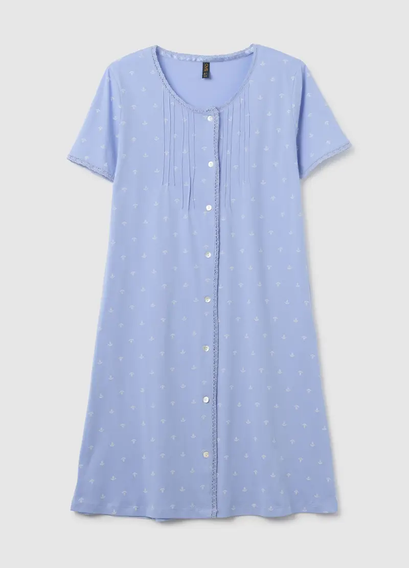 OVS, Camicia Da Notte In Puro Cotone Azzurro Con Micro Fantasia, Donna, Azzurro