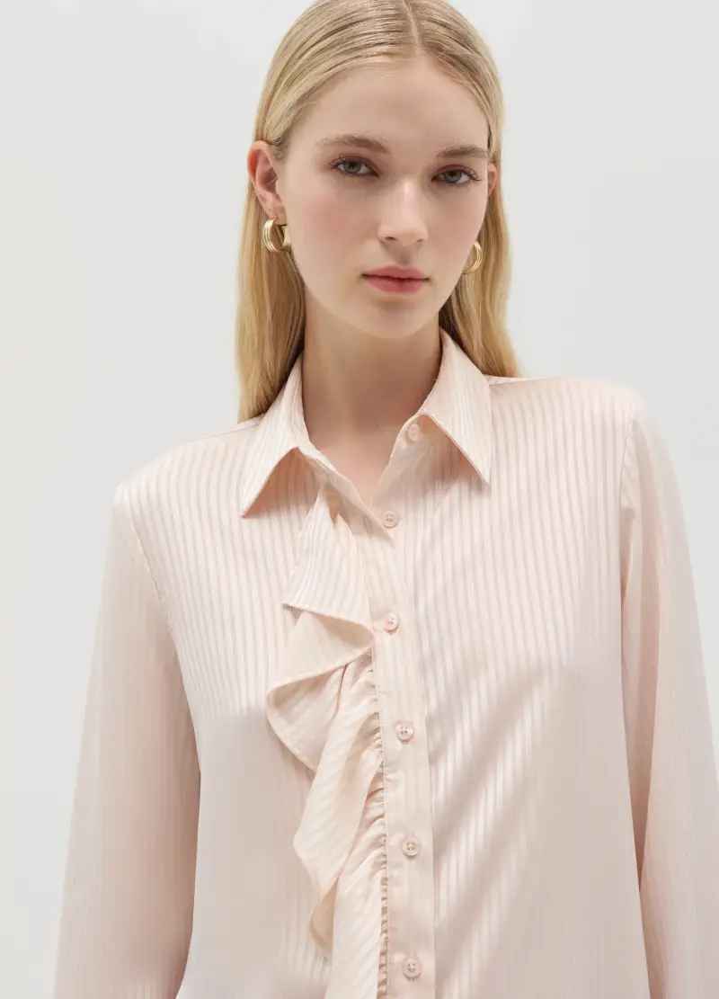 OVS , Camicia In Satin A Righe Con Volant, Donna, Rosa