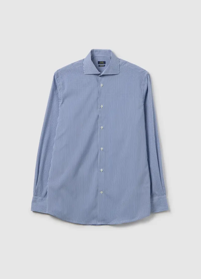 OVS , Camicia Slim Blu A Righe Con Colletto Francese E Bottoni, Uomo, Blu
