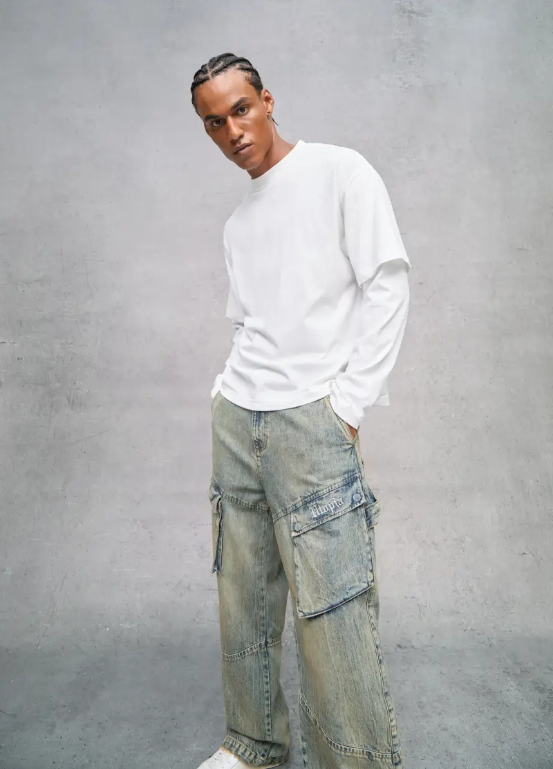 OVS, Cargo Denim Washed Light Blue & Tea, Uomo, Denim miniatura 3