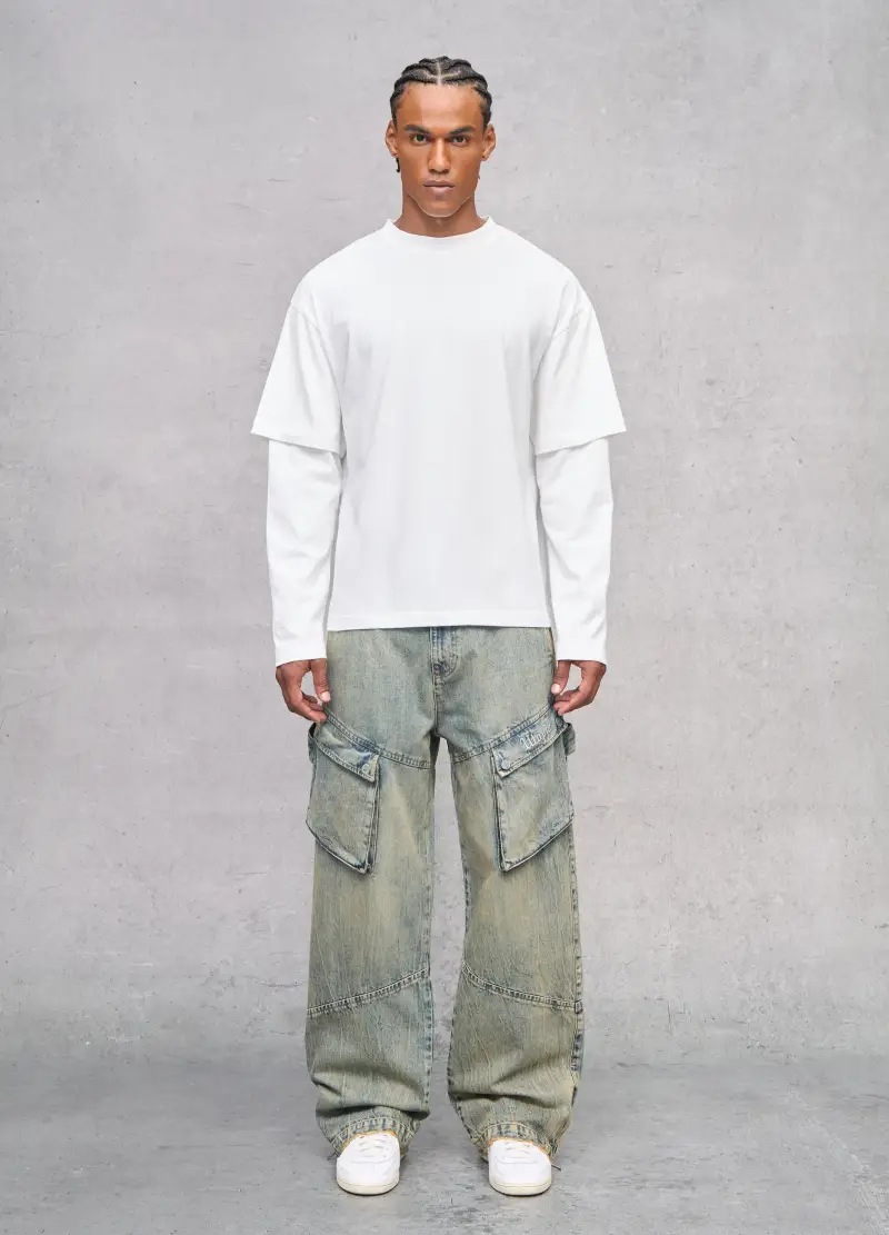 OVS , Cargo Denim Washed Light Blue & Tea, Uomo, Denim