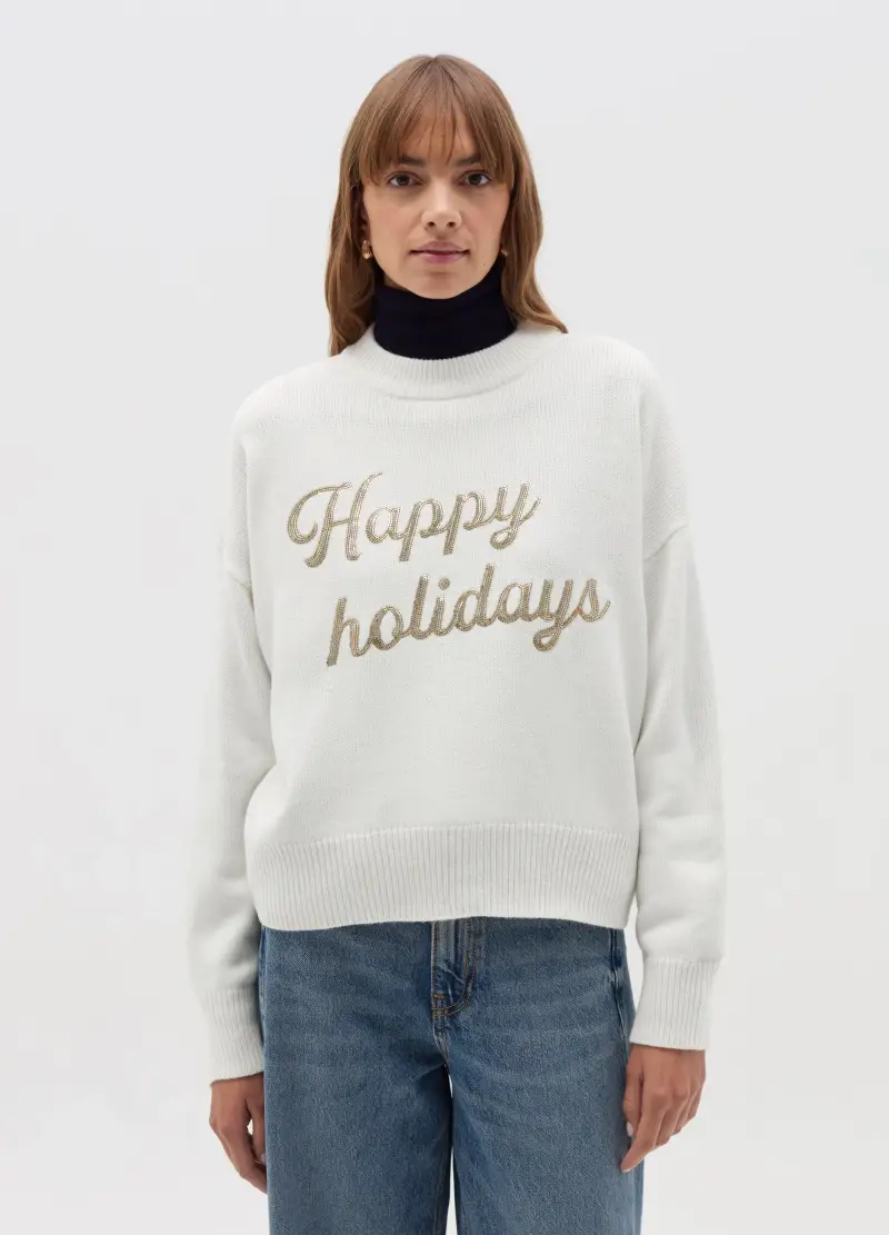 OVS, Christmas Jumper "happy Holidays" Con Paillettes, Donna, Bianco miniatura 2