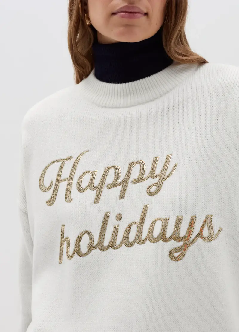 OVS, Christmas Jumper "happy Holidays" Con Paillettes, Donna, Bianco miniatura 3