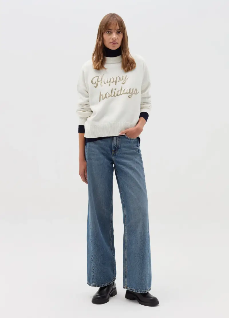 OVS , Christmas Jumper "happy Holidays" Con Paillettes, Donna, Bianco