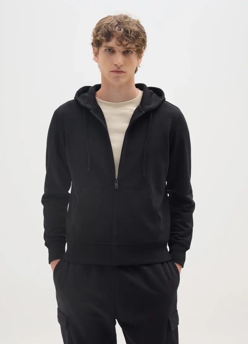 OVS, Felpa In Misto Cotone Nero Regular Fit Con Zip, Uomo, Nero miniatura 2