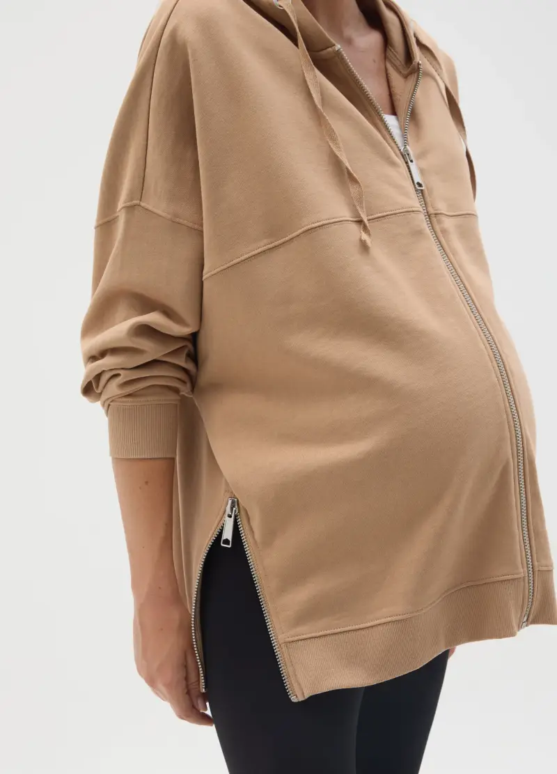 OVS, Felpa Premaman Beige Con Cappuccio E Zip, Donna, Marrone miniatura 3