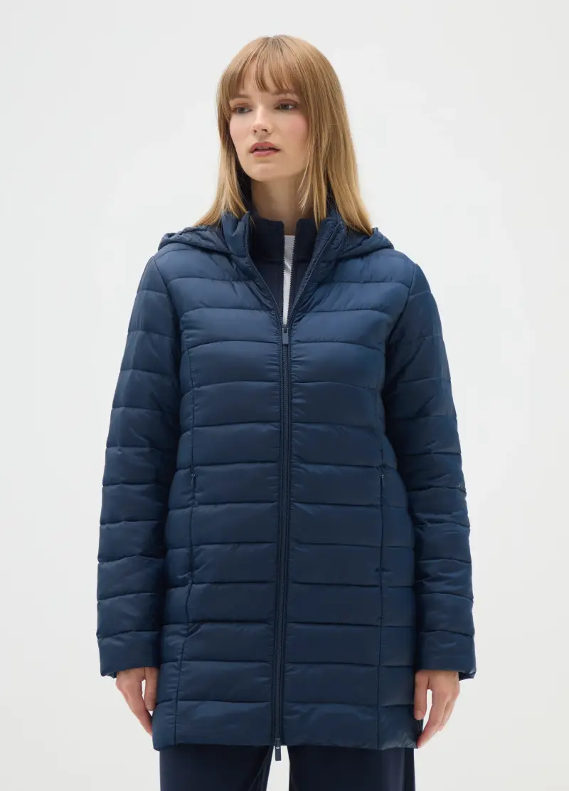 OVS, Giacca Lunga Imbottita Blu Con Cappuccio E Zip, Donna, Blu miniatura 2