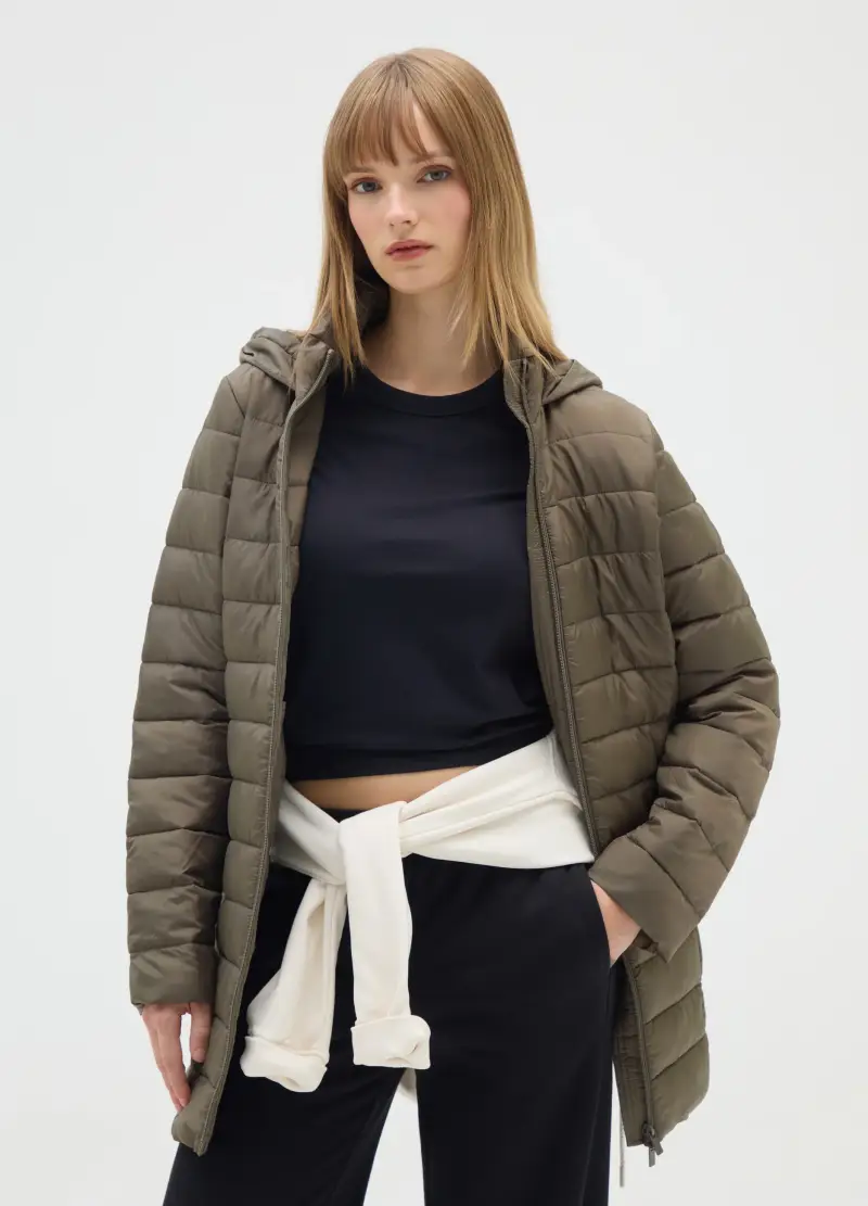 OVS , Giacca Lunga Imbottita Verde Con Cappuccio E Zip, Donna, Verde