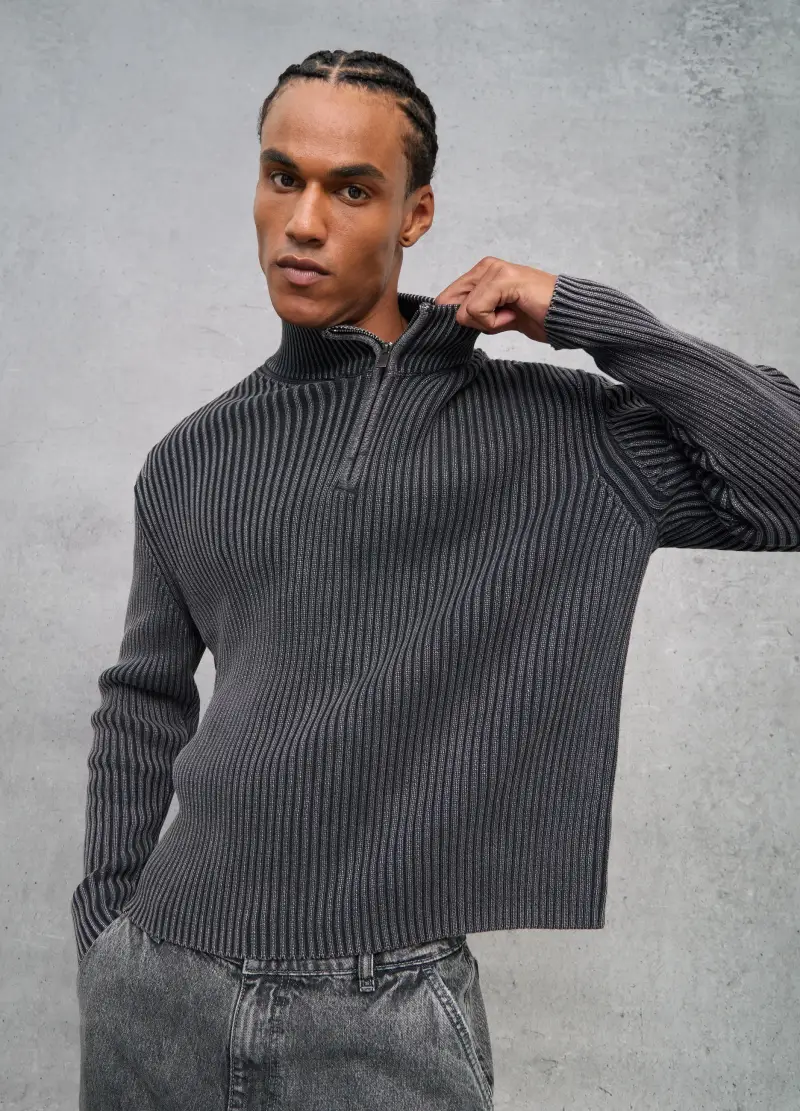 OVS, Half-zip Ribbed Knit Vintage Grey, Uomo, Grigio
