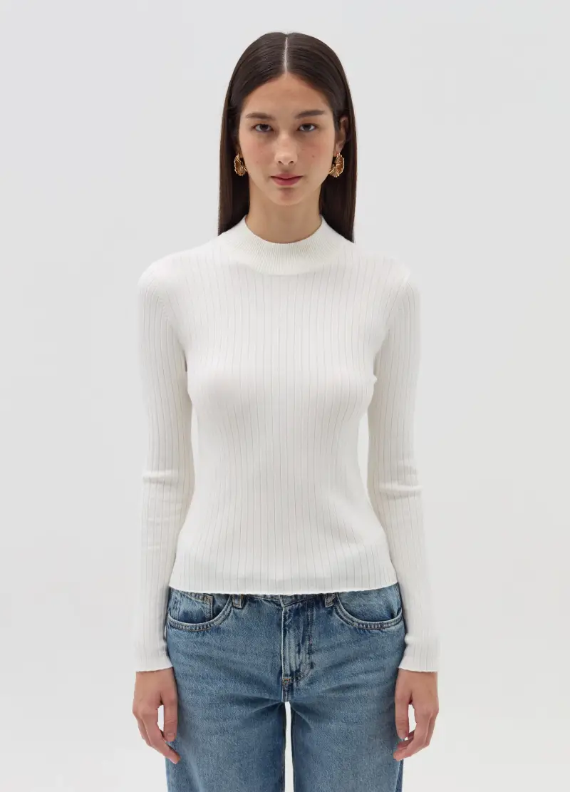 OVS, Maglia A Coste Piatte Mock Neck, Donna, Bianco miniatura 2