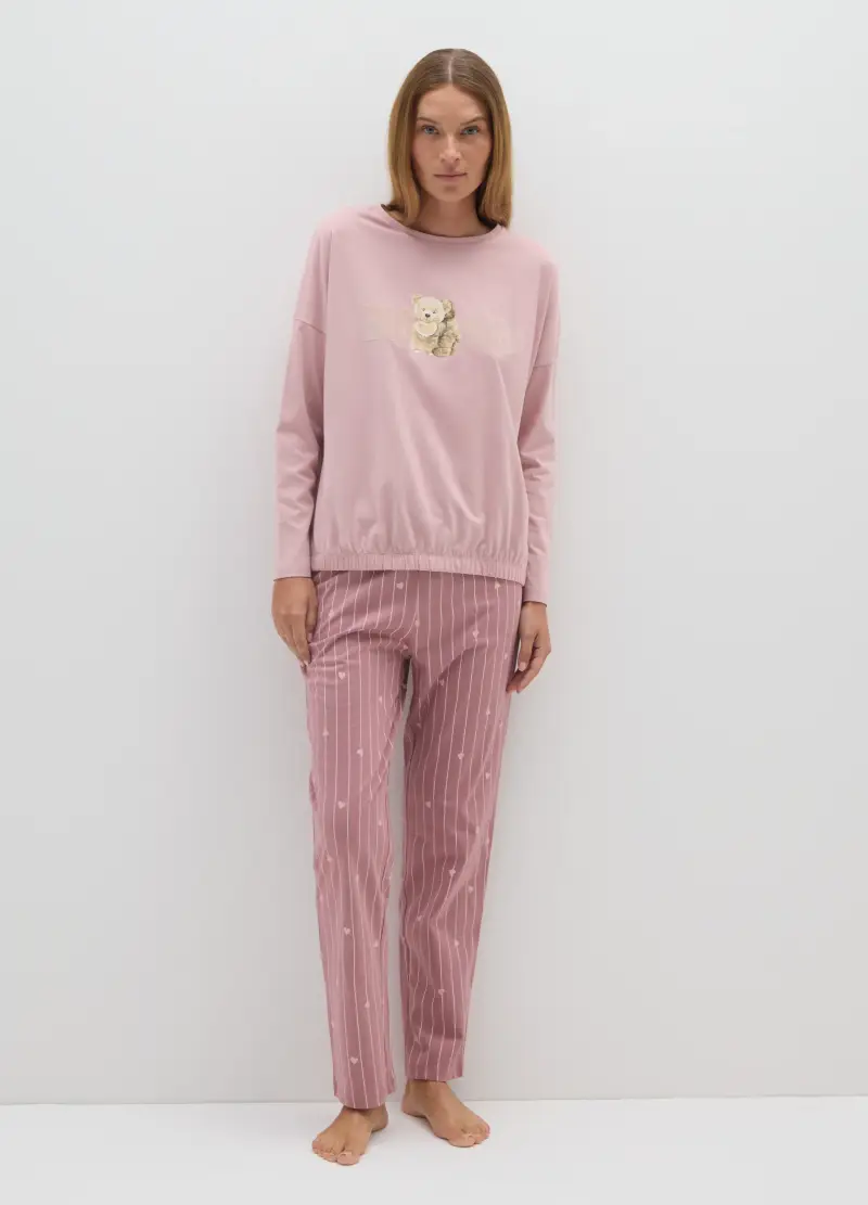 OVS , Pigiama A Righe In Puro Cotone Rosa Regular Fit Con Stampa, Donna, Rosa