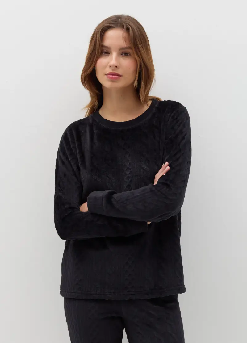 OVS, Pigiama Lungo In Velour Con Motivo Intrecciato, Donna, Nero miniatura 2