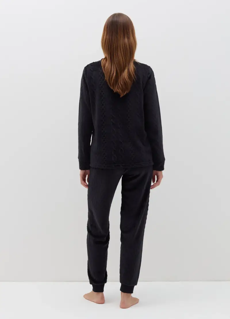 OVS, Pigiama Lungo In Velour Con Motivo Intrecciato, Donna, Nero miniatura 3