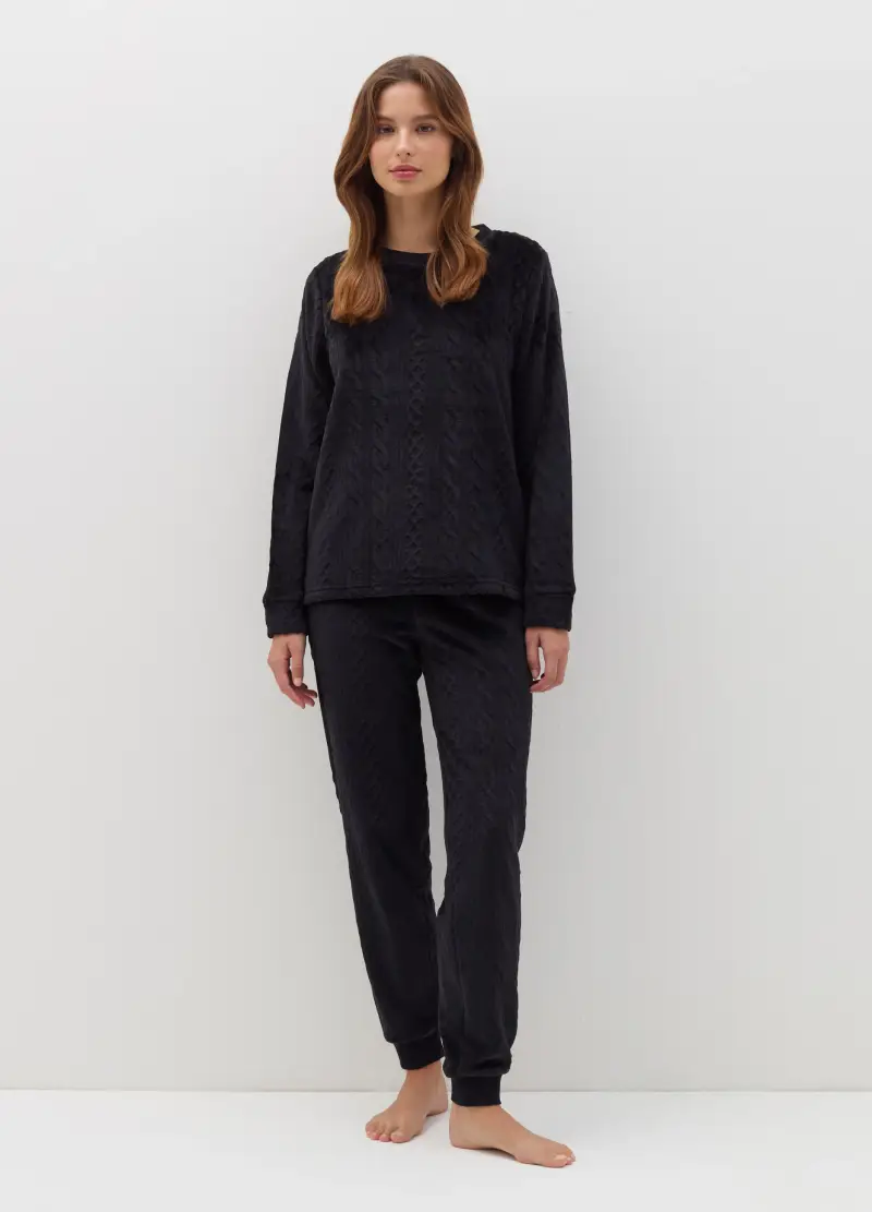 OVS, Pigiama Lungo In Velour Con Motivo Intrecciato, Donna, Nero
