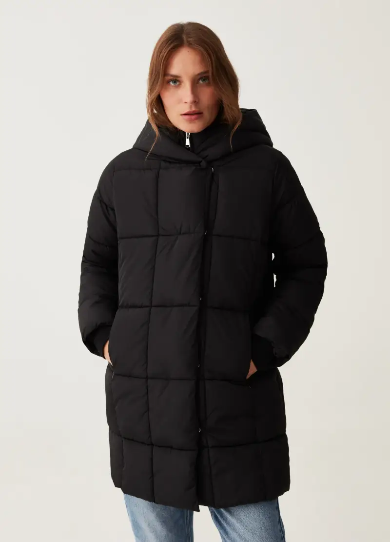 OVS, Piumino Lungo Trapuntato Con Cappuccio, Donna, Nero miniatura 2