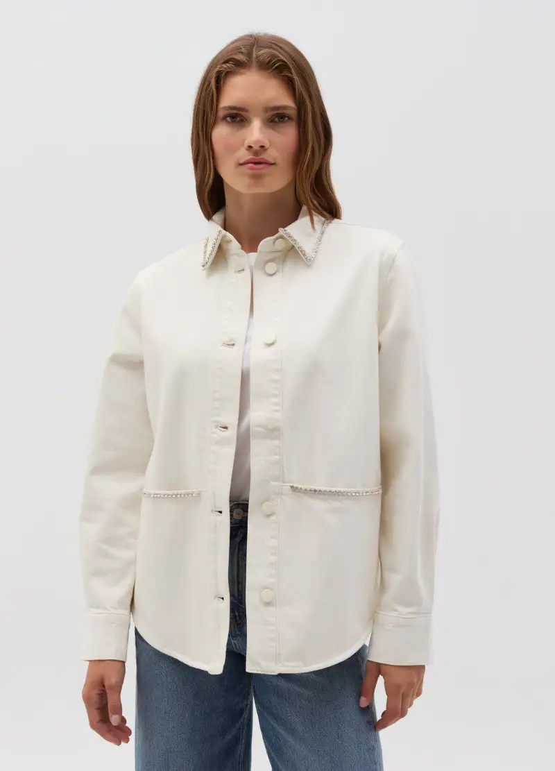 OVS, Shacket Con Profili In Strass, Donna, Bianco miniatura 2