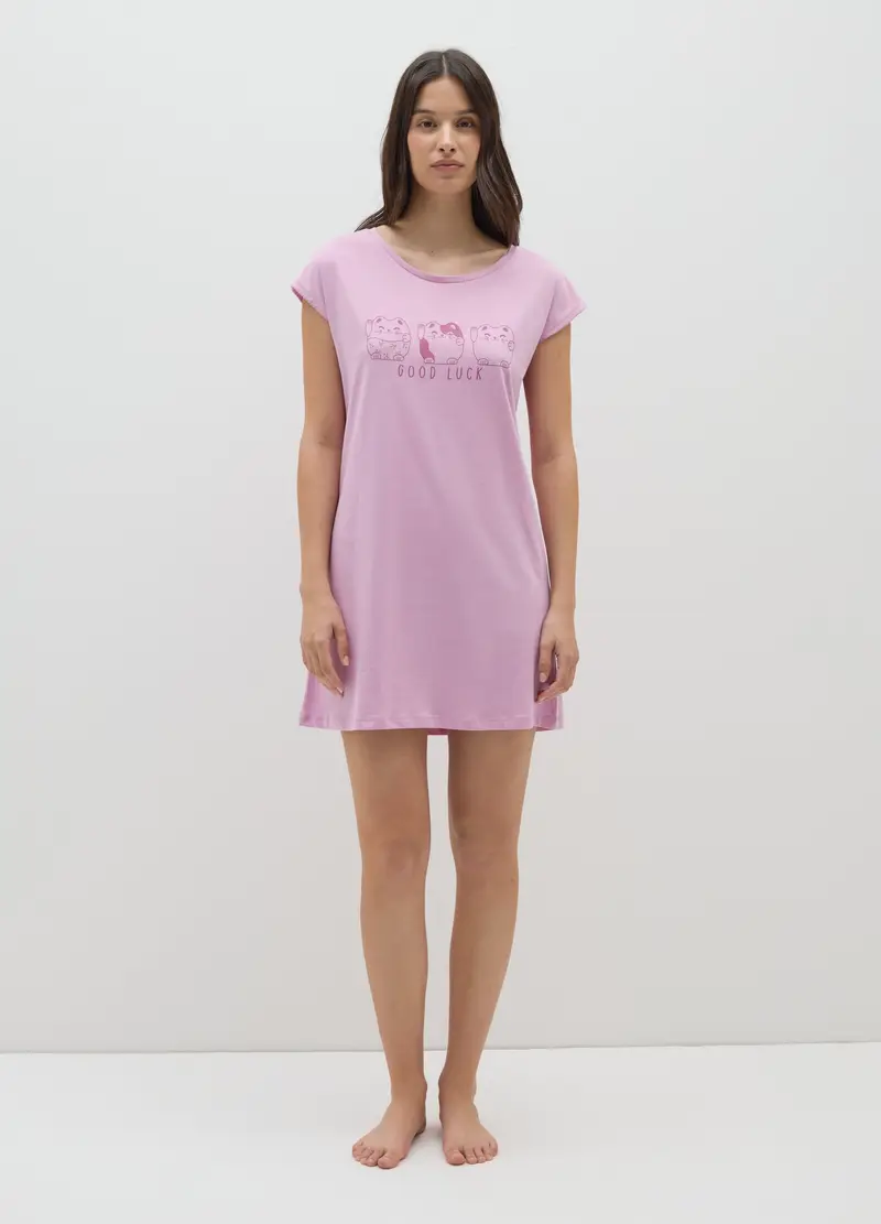 OVS , Vestito In Puro Cotone Rosa Con Gatti, Donna, Rosa