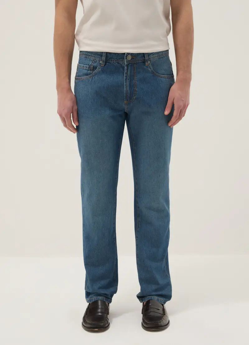 Jeans In Puro Cotone Denim Blu Regular Fit, Uomo, Denim miniatura 2