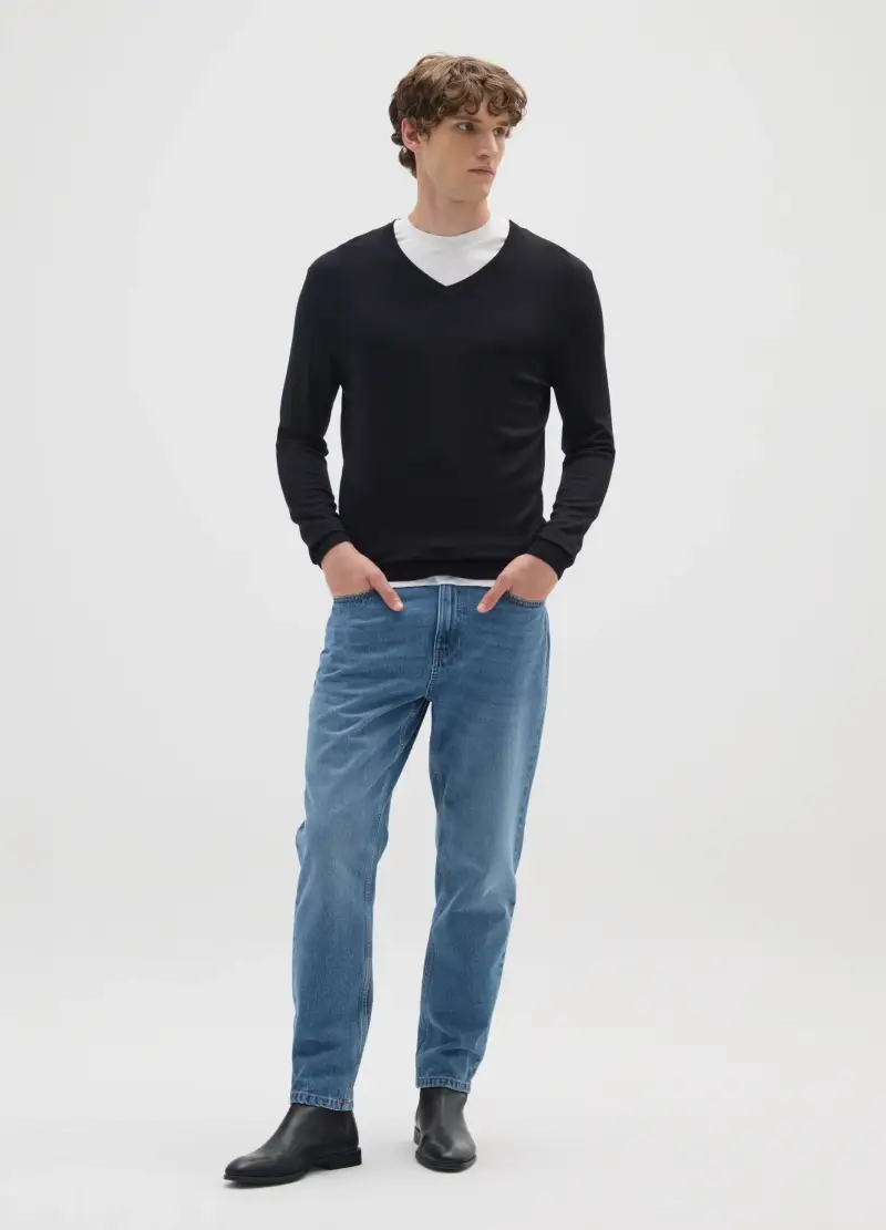 Jeans In Puro Cotone Denim Regular Tapered, Uomo, Denim