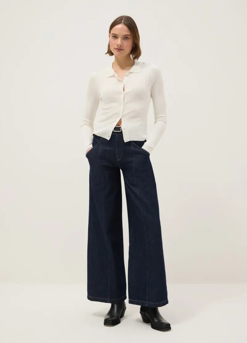 Jeans Wide Leg In Cotone Denim Elasticizzato Blu, Donna, Denim