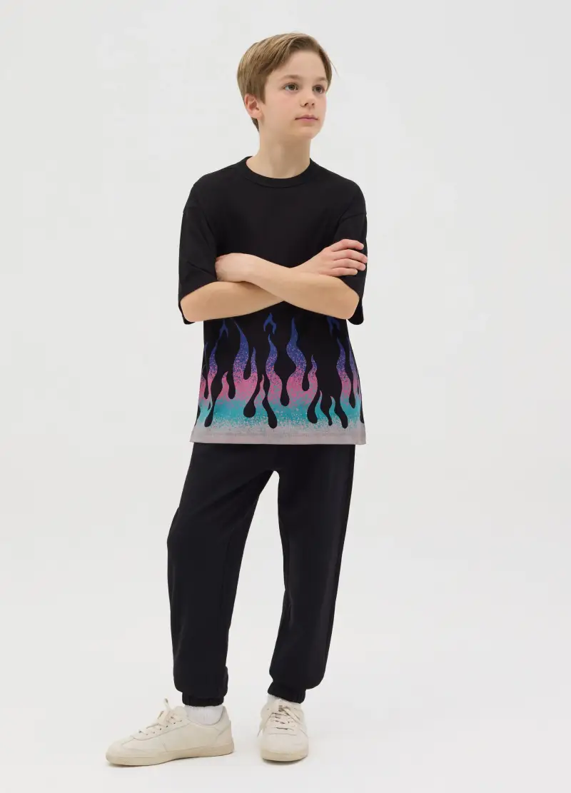 Joggers Da Ragazzo In Puro Cotone Nero Regular Fit, Bambino, Nero