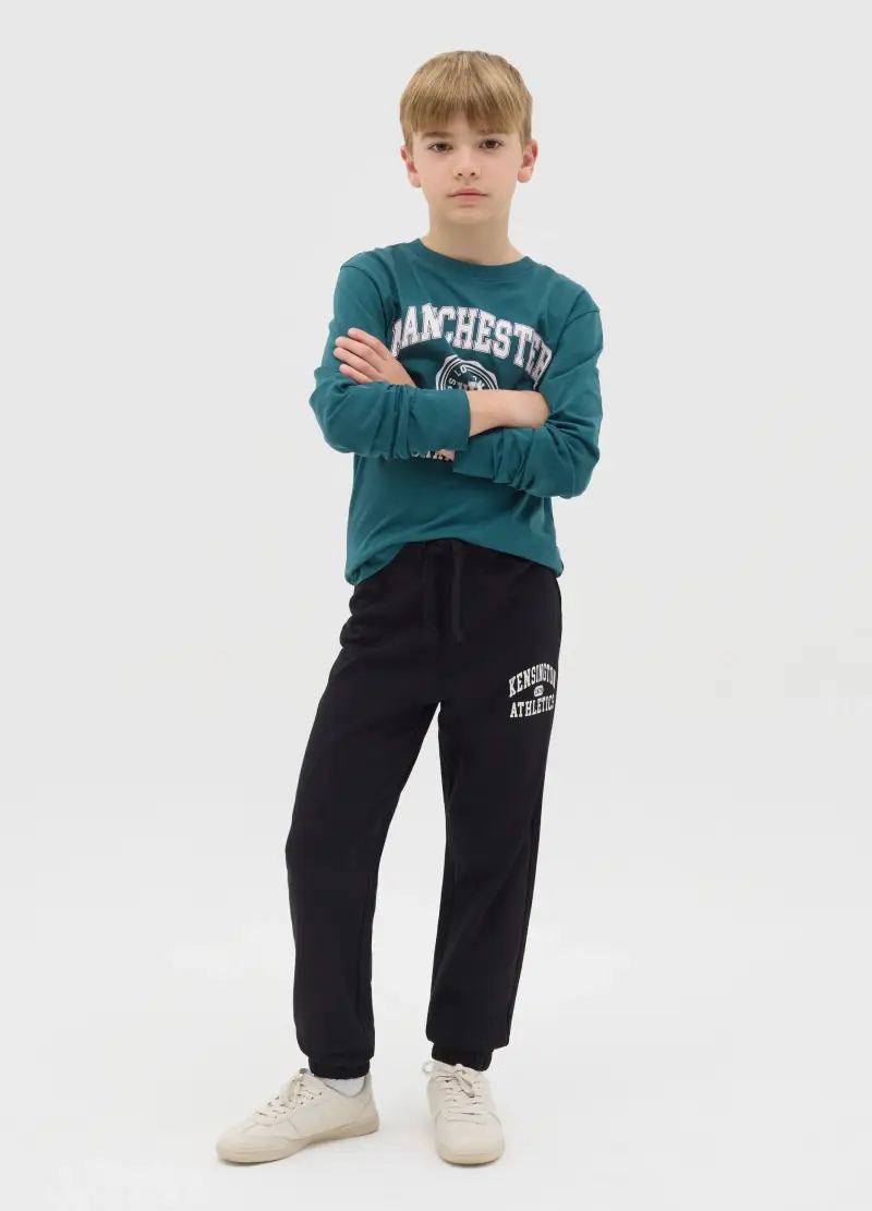 Joggers In Felpa Con Coulisse E Stampa, Bambino, Nero