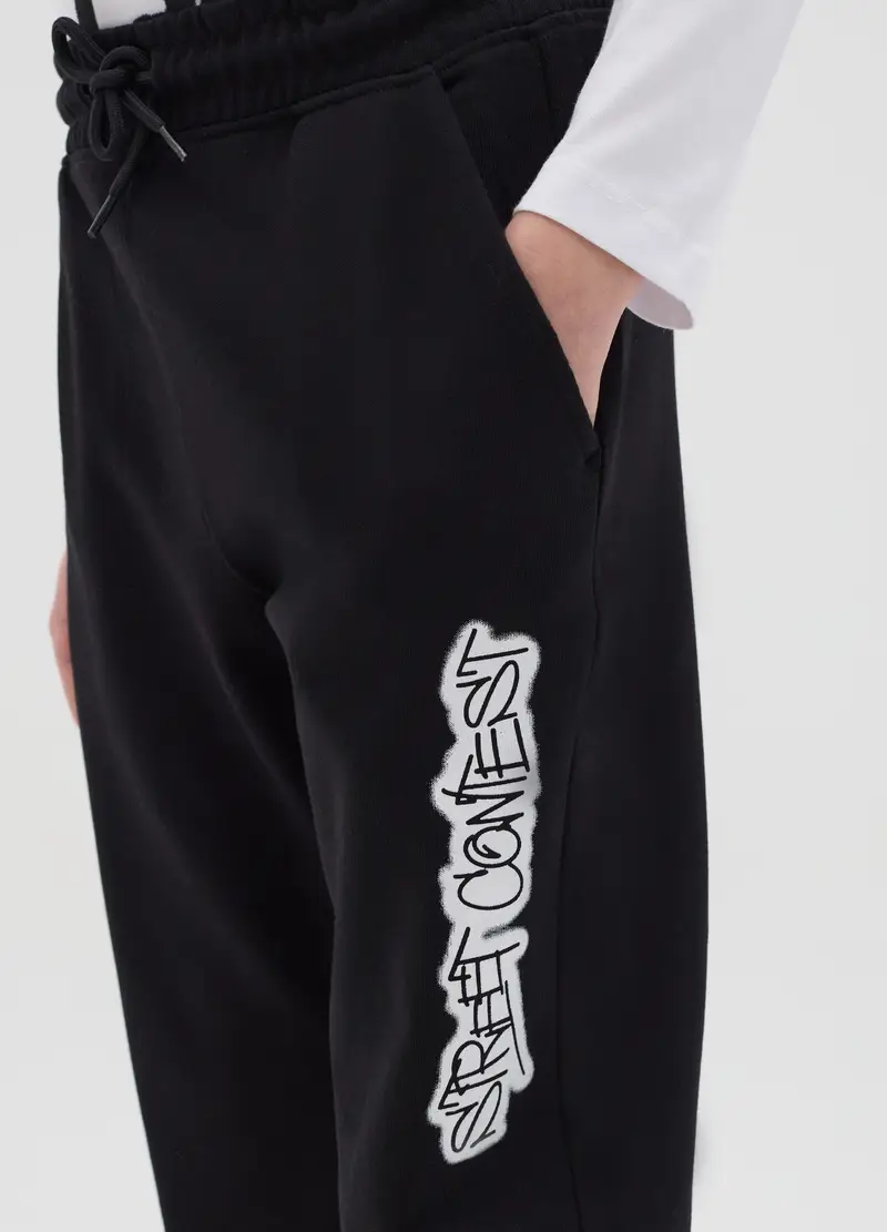 Joggers In Felpa Con Coulisse E Stampa, Bambino, Nero miniatura 2