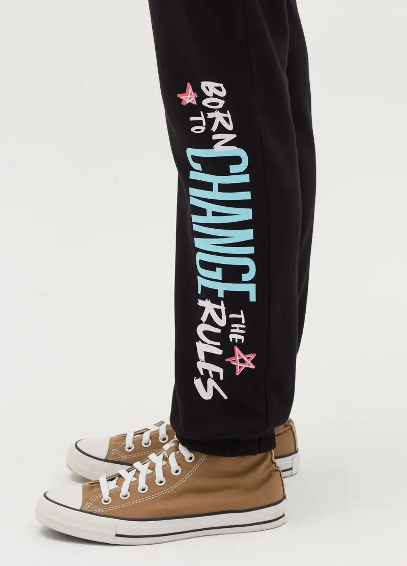 Joggers In Felpa Profili Elasticati E Stampa, Bambina, Nero miniatura 3