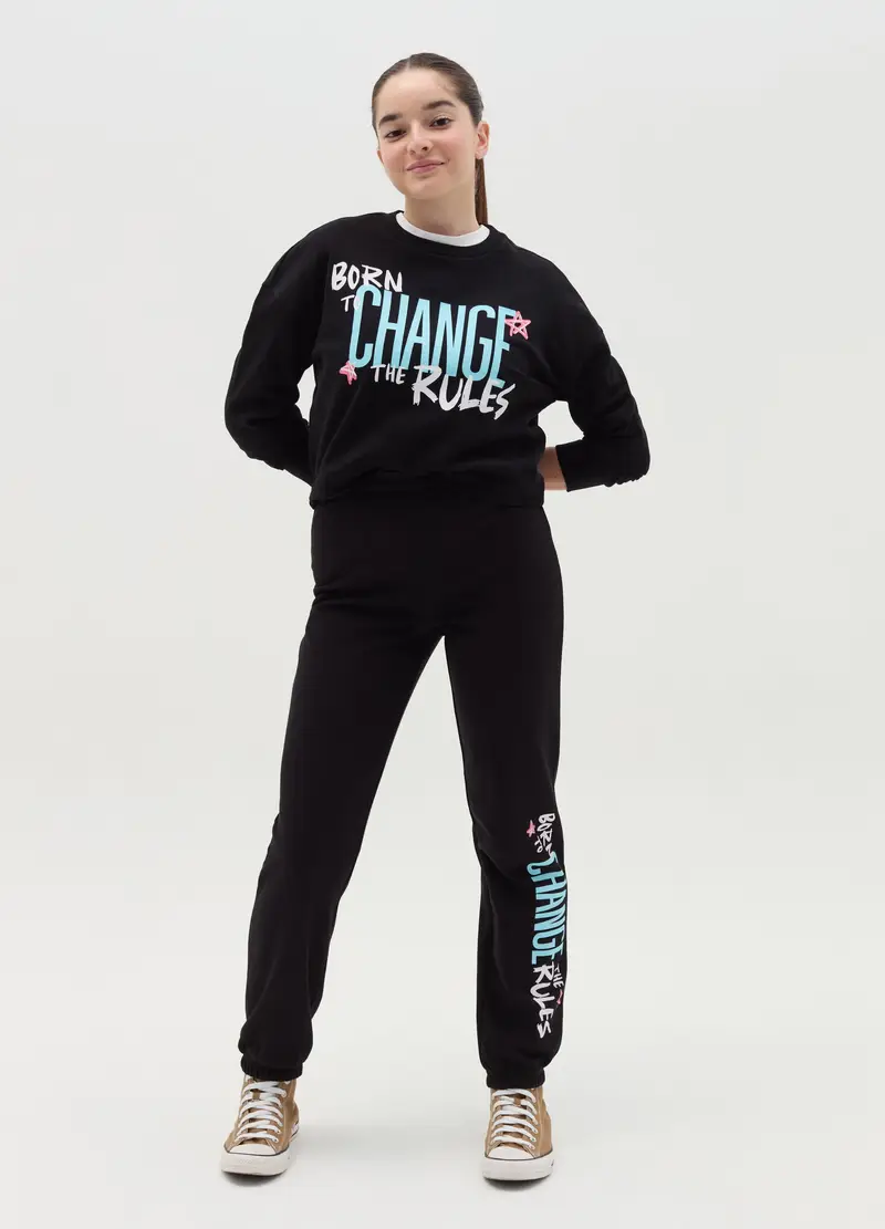 Joggers In Felpa Profili Elasticati E Stampa, Bambina, Nero