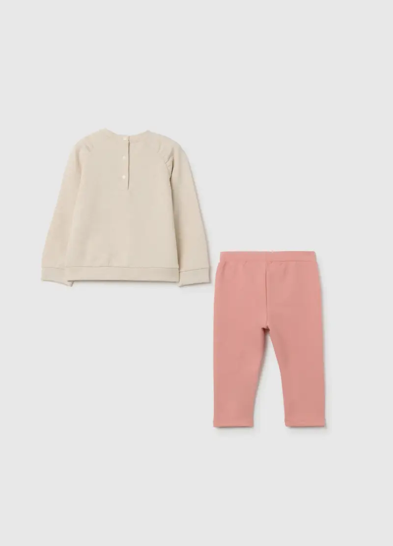 Jogging Set Da Bambina In Cotone Elasticizzato Beige E Rosa, Beige miniatura 2