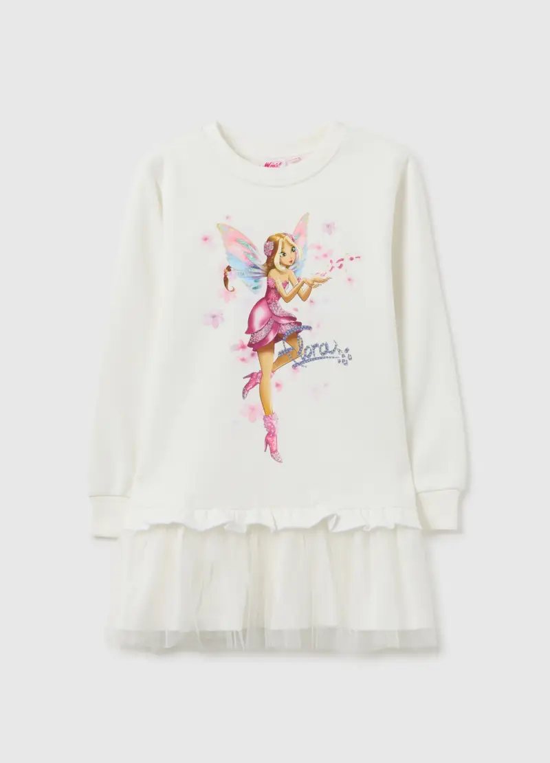 Abito Da Bambina In Misto Cotone Bianco Regular Fit Con Stampa Winx, Bianco