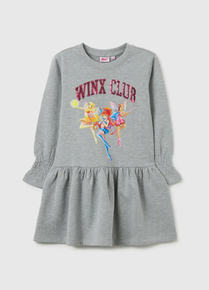 Abito Da Bambina In Misto Cotone Grigio Con Stampa Winx, Grigio