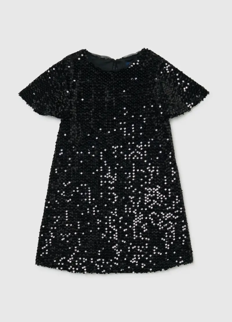 Abito Da Bambina In Velluto Nero Regular Fit Con Paillettes, Nero