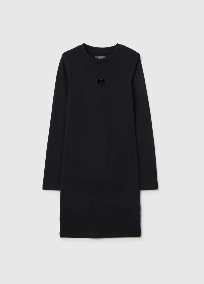 Abito Nero Da Ragazza In Cotone Elasticizzato Vestibilità Fitted Con Cuore, Bambina, Nero