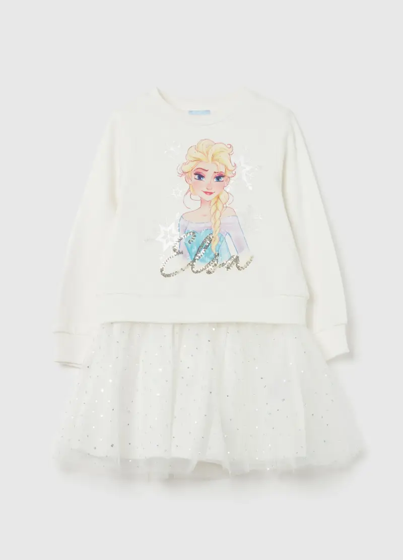 Abito Stampa Frozen Elsa Con Gonna In Tulle, Bambina, Bianco