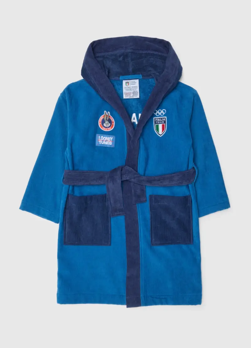 Accappatoio Blu Da Bambino In Puro Cotone Looney Tunes X Italia Team, Blu