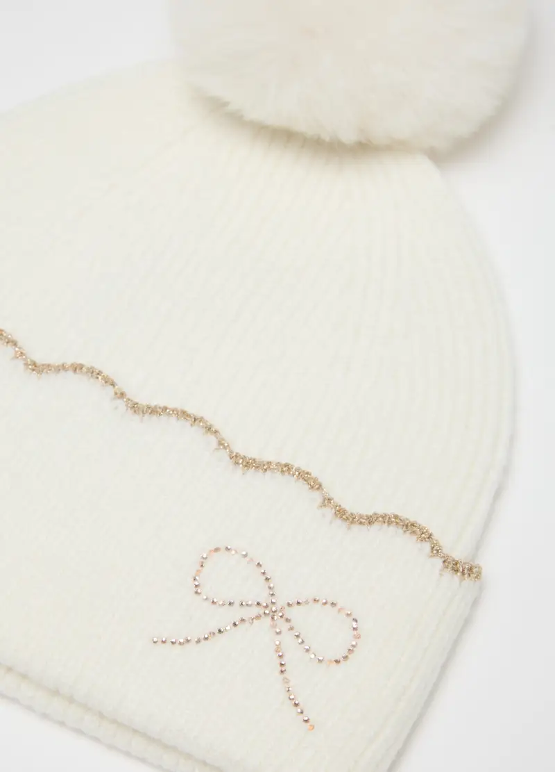 Berretto Da Bambina Bianco Con Pon Pon, Multicolor miniatura 2