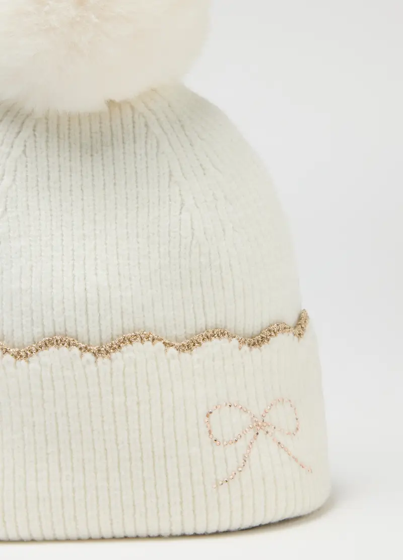 Berretto Da Bambina Bianco Con Pon Pon, Multicolor miniatura 3